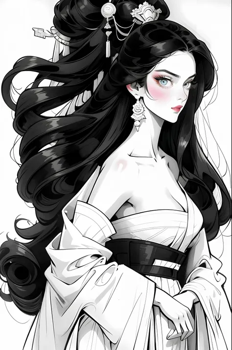 （beautiful girl in monochrome clothes），full body standing painting，wide sleeves，big bright eyes，beautiful face and smooth fair s...