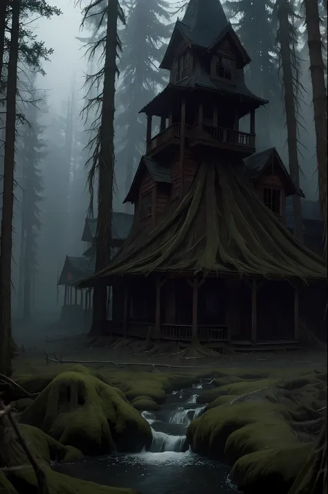 "horror theme, horrifying, dark forest, foggy, creepy aura, eerie atmosphere, pleasant stream of water, no humans, (masterpiece,...