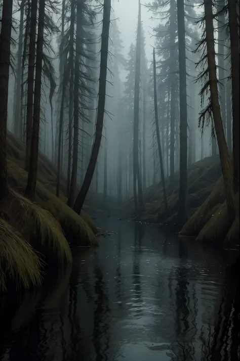 "horror theme, horrifying, dark forest, foggy, creepy aura, eerie atmosphere, pleasant stream of water, no humans, (masterpiece,...