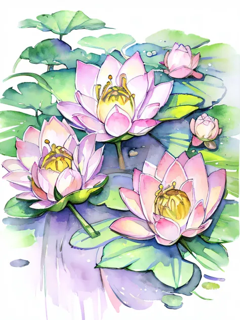 top view lotus flowers on the water surface, highly detailed render, concept art, depth of field, bokeh, octane render, sunny mystical atmosphere Elemental flowers, 32k, watercolor