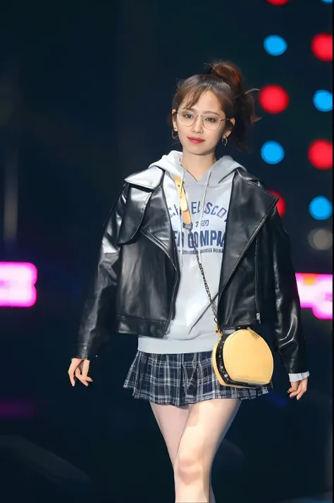 "high quality stylish photos：bigchest，need，alafi walks the runway in a black leather jacket and plaid skirt, dilraba dilmurat，ko...