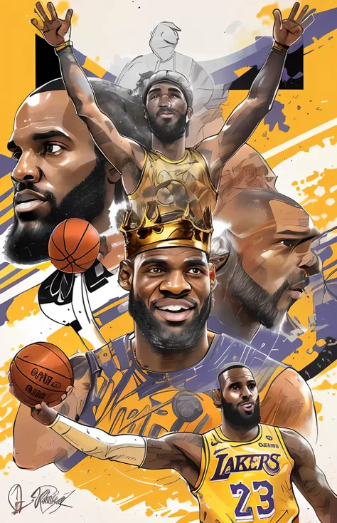 "illustration depicting a basketball player wearing a crown on his head，portrait of lebron james，highly detailed fanart，nba fina...