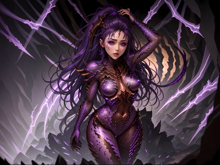 purple skin woman in a (very dark:1.3) cave , full body, high detail, sharp focus