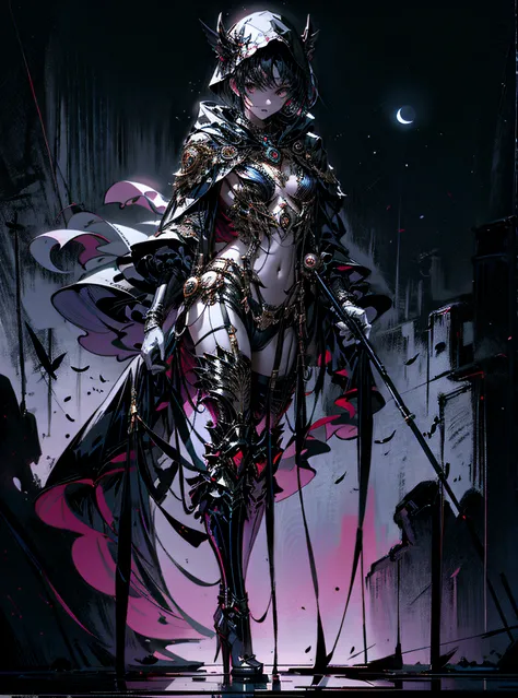 BREAK (very detailed 8k wallpaper),full body of a beautiful female warlock, intricate, high detail, tomb background, BREAK with a black figure looming through gray fog behind her, with a dark cloak hood showing her face and her curve BREAK, black dark aura...