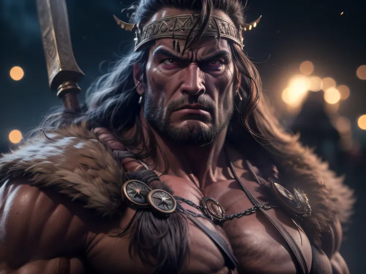 closeup on conan's powerful threat, the barbarian,, menacing stare, ricamente detalhado, hiper realista, 3d-rendering, obra-prim...