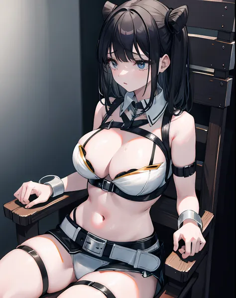 1girl,solo,white bikini, bondage,bdsm,restrained, sitting,chair,black hair,kashino,  huge breasts, , belt,collar, chest harness,...