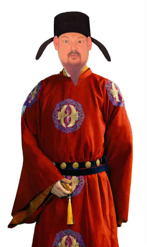 Close-up of a man in a red robe and hat, dressed as emperor, wearing gilded red royal robes, inspired by Ma Shi, inspired by Dong Yuan, inspired by Xuande Emperor, wearing gilded red robes, Taras Shevchenko style, clothed in old samurai uniform, ancient mo...