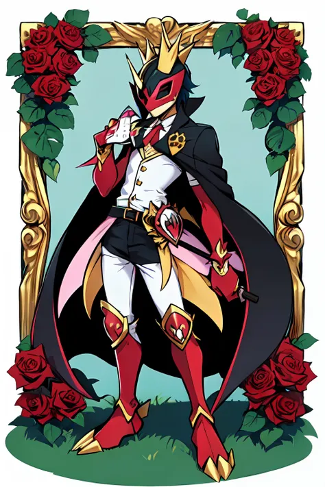 (masterpiece, best quality:1.2), solo, male focus, 1boy, ((riddle rosehearts as a Digimon)), ((Overblot))angry, closed mouth,pout , looking at viewer, holding a scepter, mini crown, white shirt, cape, Pants ((white , black ,red and gold color scheme:1.4)),...