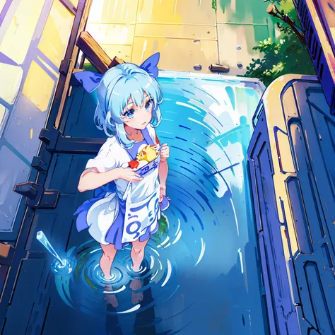 masutepiece, Fine detail, 4K, 8K, 12K, Solo, Solo, Beautiful Girl, caucasian female, Touhou Project, Cirno、 Light blue hair, Lori, Small breasts,、Wrap a towel around your body、 are not visible、Wrap a towel around your body、Taking a bath、japanese onsen