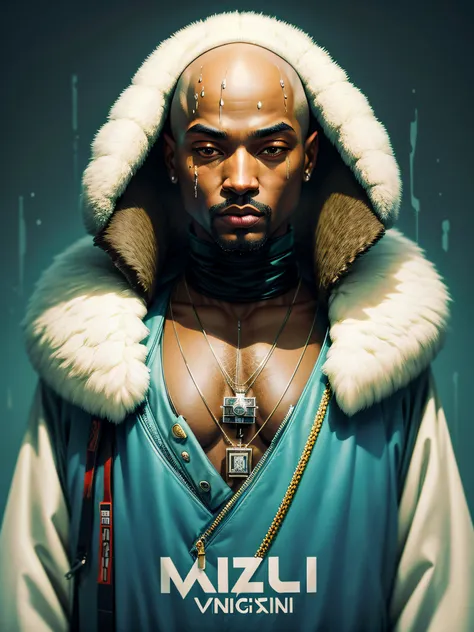 1rapper with bald hair, unique mink fur jacket (virgal abloh) (h r gigger), fog, detailed and realistic image, amazing compositi...