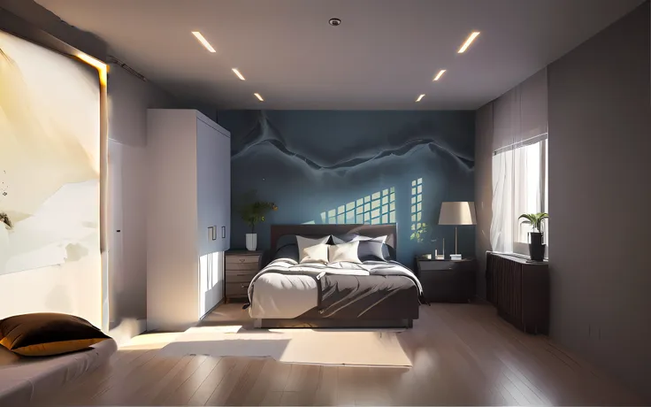 bedroom interior walls，blue premium gray，light from the right side，no windows