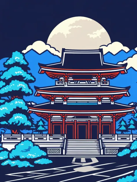 detailed ilustration japan city, t-shirt design, dark blue color, vector art, pastel tetradic color, retro aesthetic, digital pa...