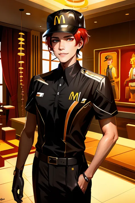 highly detailed, high quality, masterpiece, beautiful, mcdonaldsuniform, 1boy, solo, light smile, shirt, black shirt, uniform, b...