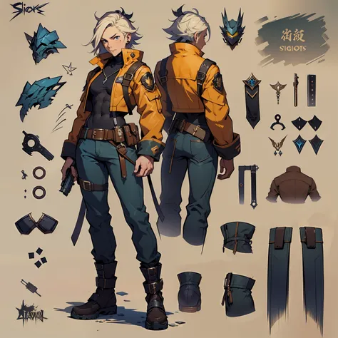 close-up of a man in a gun costume, ((character concept art)), ((character design sheet, same character, front, side, back)) map...