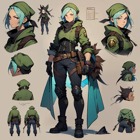 close-up of a man in a gun costume, ((character concept art)), ((character design sheet, same character, front, side, back)) map...