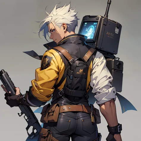 close-up of a man in a gun costume, ((character concept art)), ((character design sheet, same character, front, side, back)) map...