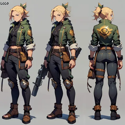 close-up of a man in a gun costume, ((character concept art)), ((character design sheet, same character, front, side, back)) map...