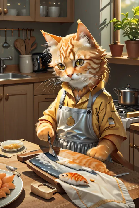 close up photography （golden tabby cat：1.2） wear an apron，（cut the fish on the table with a knife：1.2）， （c4ttitude：1.3）， in glas...