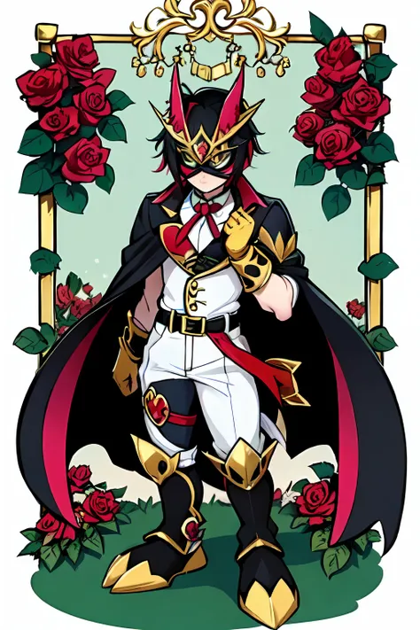 (masterpiece, best quality:1.2), solo, male focus, 1boy, ((riddle rosehearts as a Digimon)), ((Overblot))angry, closed mouth,pout , looking at viewer, holding a scepter, mini crown, white shirt, cape, Pants ((white , black ,red and gold color scheme:1.4)),...