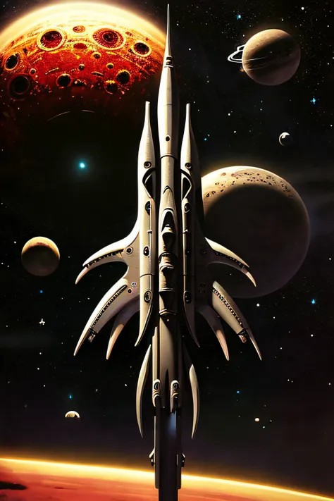 ((One Spaceship near a planet)), ship tilted 45 degrees, Futuristic Sci-fi, ((elongated design)), old book cover art like, High detailed image, Master Piece, gloomy mood, volumetric lighting, deep shadows, sharp focus,(50s style:1.2),(oil painting:1.16), (...