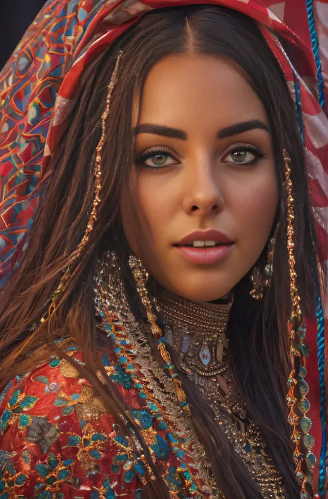 photo of alluring beautiful woman, curvy, sparkling, bright eyes, long braids, moroccan flag waving (masterpiece) (best quality)...