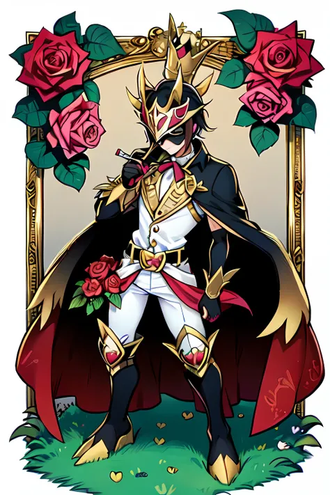 (masterpiece, best quality:1.2), solo, male focus, 1boy, ((riddle rosehearts as a Digimon)), ((Overblot))angry, closed mouth,pout , looking at viewer, holding a scepter, mini crown, white shirt, cape, Pants ((white , black ,red and gold color scheme:1.4)),...