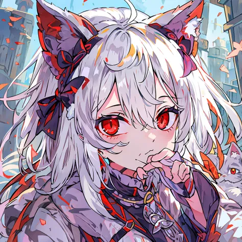 white-haired cat ears red-eyed girl