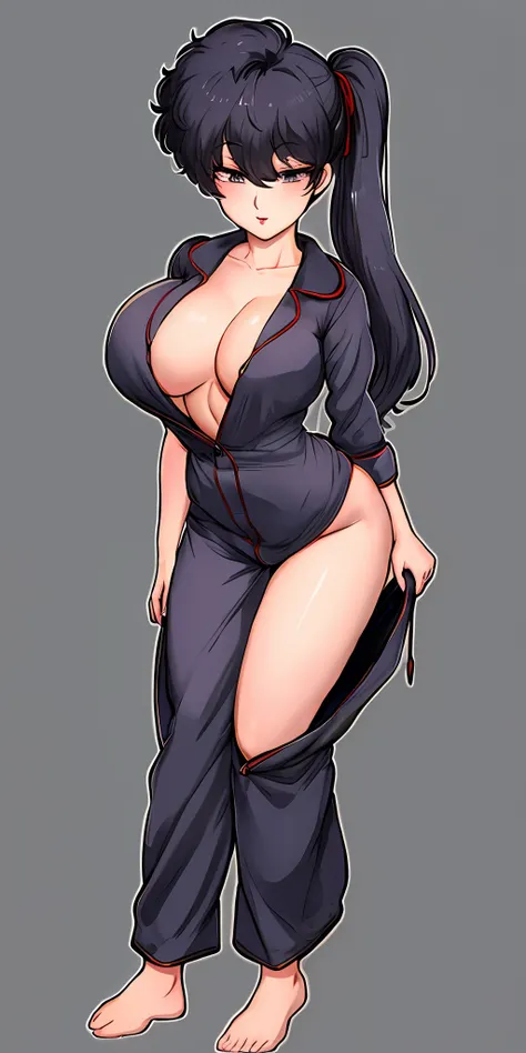 nsfw, KodachiKunou, solo, standing, large_breasts, jumper V Neck Onesie Pajamas Jumpsuit Romper Bodysuit with Drop Seat Butt Flap, open buttflap, turned around, presenting butt, masterpiece, best quality, detailed face, detailed eyes, highres,