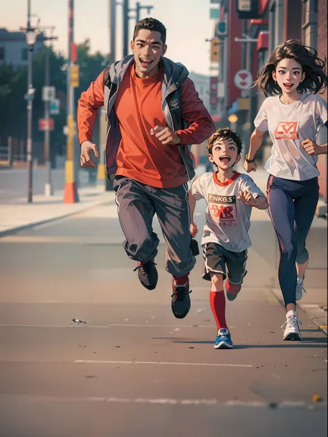 parent-child run, a mom, a dad, a junior high school student, run together, a big smile, three people, cinematic lighting, motio...