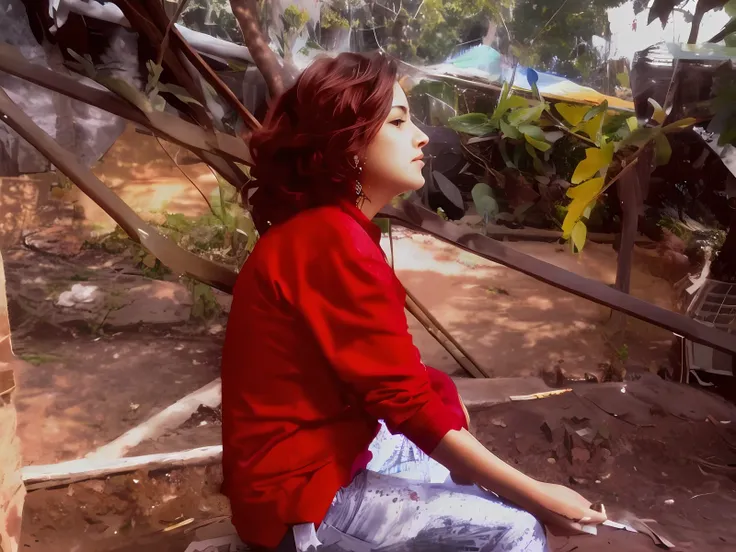 There is a woman sitting on a bench in the earth, sitting on ground, Pose de perfil, Assumiu o iPad, Pense em pose, foto do perfil, fazer uma pausa para fumar, an artistic pose, com cabelos ruivos, Photo Session, photo shoot, Sitting not Forrest, sentado, ...