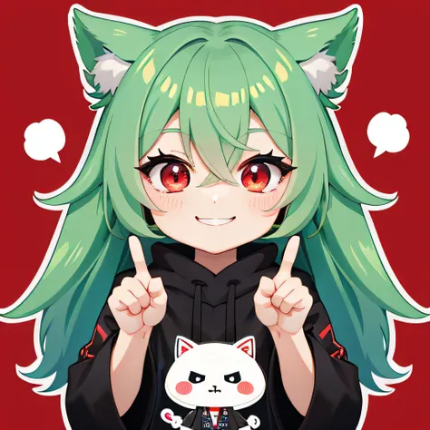 catss, 独奏, (twitch emote:1), chibi, green hair, red eyes, thumb up, a smile, the upper part of the body, comic strip, white back...