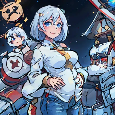 Early pregnancy, Tirpitz from azur lane, Smiling and looking at the viewer, and wearing a jeans and clothing house