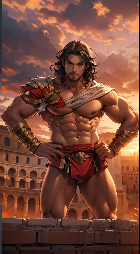 Mighty gladiator, chest uncovered, lower body revealed from thighs to feet, cascading long curls, detailed muscular physique, lifelike depiction, 4K resolution. Background: Colosseum during a spectacular sunset,32k uhd, best quality, masterpiece, super det...