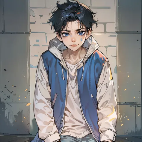 a sketch of an anime boy, black wavy hair, blue eyes, printed graphic sweater over white t-shirt, beige shirt, knee high socks, ...