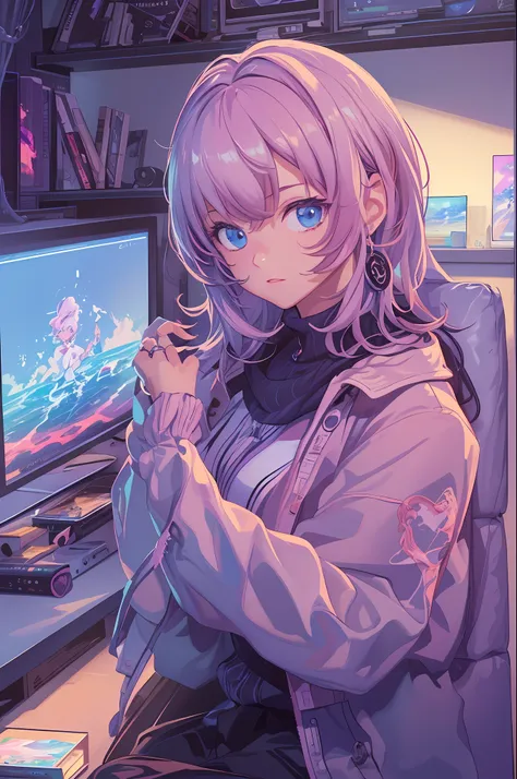 (​masterpiece), (the best illustrations), relaxing girl, anime backgrounds, game bedroom, tv with large computer, ring lighting,...