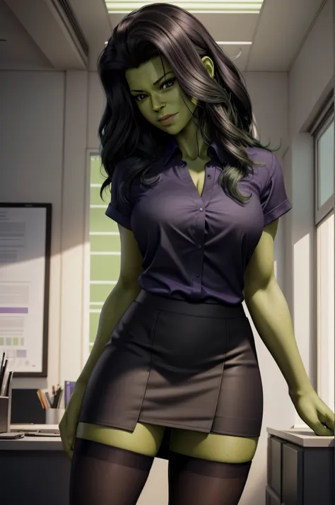 extremely detaild photo of a sexy ((she-hulk)), (standing in office), ((green skin)), wears (purple office shirt), ((black mini ...