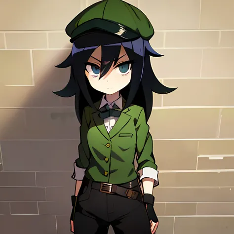 obra maestra, detallado, tomoko-kuroki, jersey con capucha negro, gorra roja, pantalones cortos marrones, sosteniendo un rifle, ...