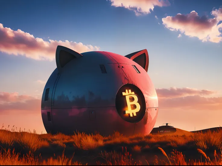 a huge work of art sitting in the middle of a field, inside the head of a mechanical cat, pink clouds background, metal cat ears...