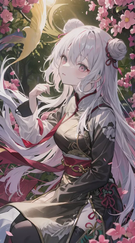 top-quality, Ink painting style, Fresh and elegant, Clear lake, The cherry blossoms set as the sun sets,White color hair, Black cheongsam gold pattern girl, Ride the flower wind to blow your head, A forest dotted with green leaves, Birds sing happily, A po...