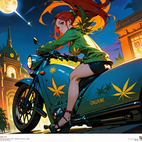 (masterpiece, top quality, best quality, official art, beautiful and aesthetic:1.2), a close up of a beautiful woman sitting on a motorcycle with red hair, beautiful green eyes, personification of marijuana, princess of cannabis, cannabis, marihuana, marij...