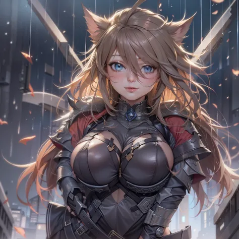 Masterpiece, Best quality, Highly detailed, Sexy, Curvy, A MILF, 1girll, Red spiked hair, Armor, Blue eyes, Short hair, Solo, view the viewer, parted lip, Upper body, bangs, gate, chest plate, Building, sky, window, Blush, rain, hair between eye, Night, Th...