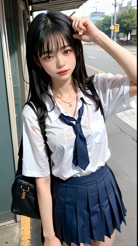 ((top-quality、masterpiece))、Raw photography、8K、top-quality、 超A high resolution、Beautiful face in every detail、Realistic human skin、Gentle expression、front-facing view、Farbe々From an angle、length hair、realisitic、Photorealsitic、cute little、a short skirt、cute...