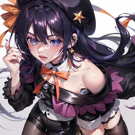1girl, bangs, beret, black_headwear, blue_eyes, blue_hair, blush, bow, buttons, choker, earrings, eyebrows_visible_through_hair, fingernails, from_above, hair_between_eyes, hair_ribbon, hand_up, hat, hoshimachi_suisei, jacket, jewelry, lace, lace_trim, lon...