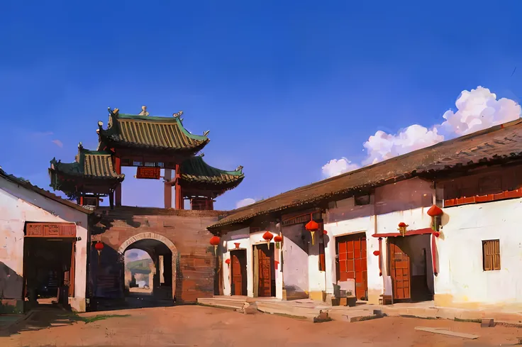 arafad arch in the chinese village，chinese village with lanterns, baotou china, historical context, ancient chinese architecture...