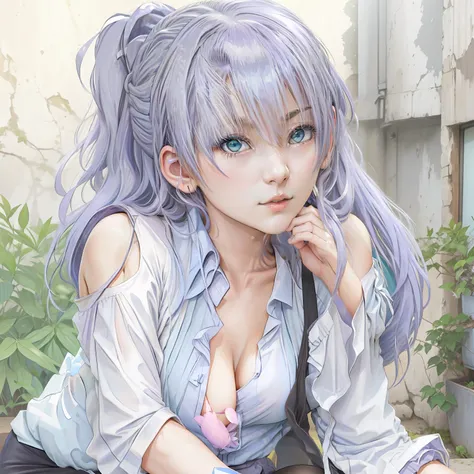 1 girl, (( himuro ayame )), (( Rikei ga Koi ni Ochita no de Shoumei Shite Mita )), lavender hair, long hair, lavender mature half updo, bangs hanging on the left side shoulder length hair strands hanging on either side tucked behind ears, light blue green ...