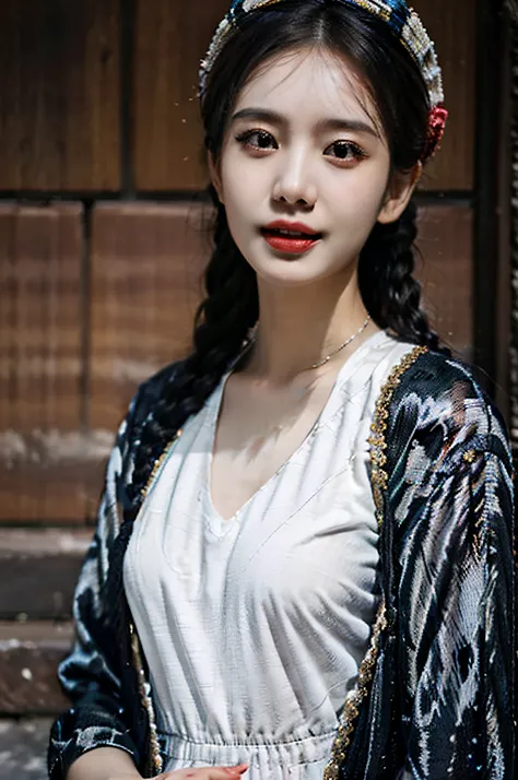 (Hyperrealistic,)4K,35mm,hyper-high detail, Professional lighting, Best quality, 超高分辨率, Visually stunning, (1girll:1.1), (Uyghur clothing 1.2),realskin,(Perfect body 1.3)(Ultra-delicate face)