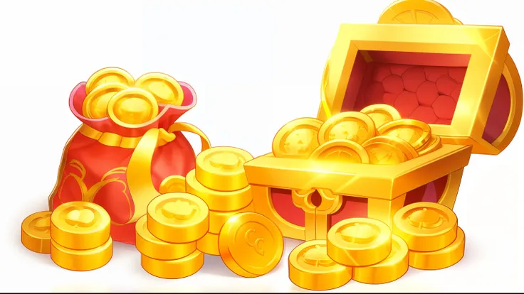 a coin box, gold coins, gold and treasure, treasures, a bag of gold coins,pink-purple breast pocket