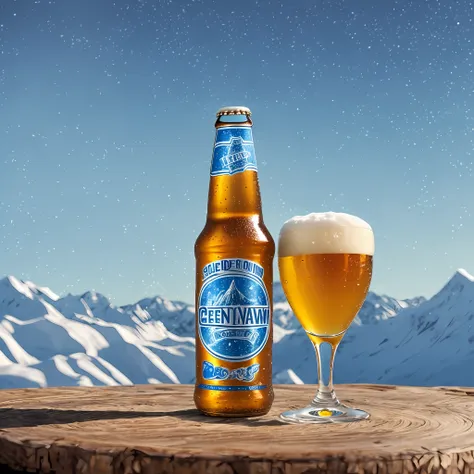 ddelicious refreshing beer, on a rustic table, white and blue color palette, long neck can, cold, morning light, glacial cold, p...