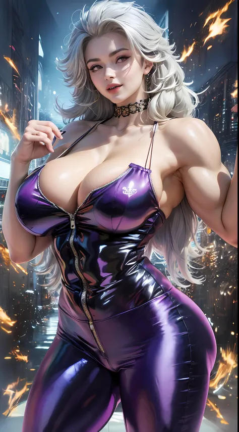 (high quality, masterpiece, best quality, high art), albedo, solo, venusbody, noi_dorohedoro, highres, sharp focus, pixiv masterpiece, ((intricate details)), highly detailed, upper body, 1girl, long hair, muscular, jacket, purple track suit, looking at vie...