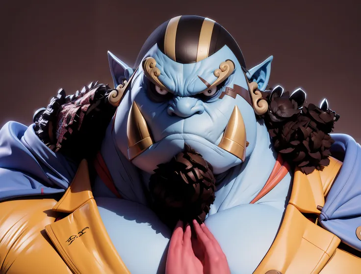 "jinbei with closed mouth and intense gaze, sporting a scar across the eye."